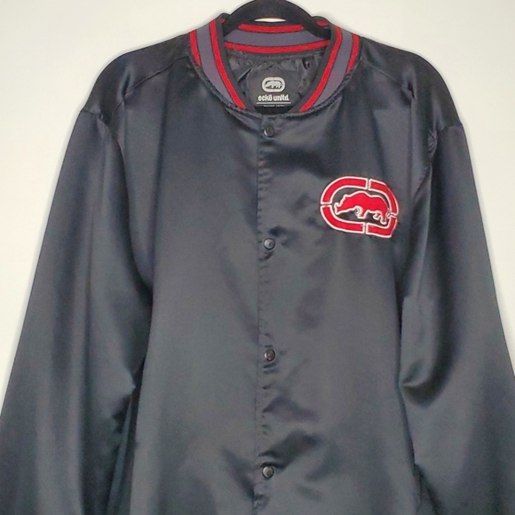 Ecko Unlimited Big Logo Bomber Jacket 2XL Rhino Spell Out Snap Front Y2K Satiny - Picture 3 of 14